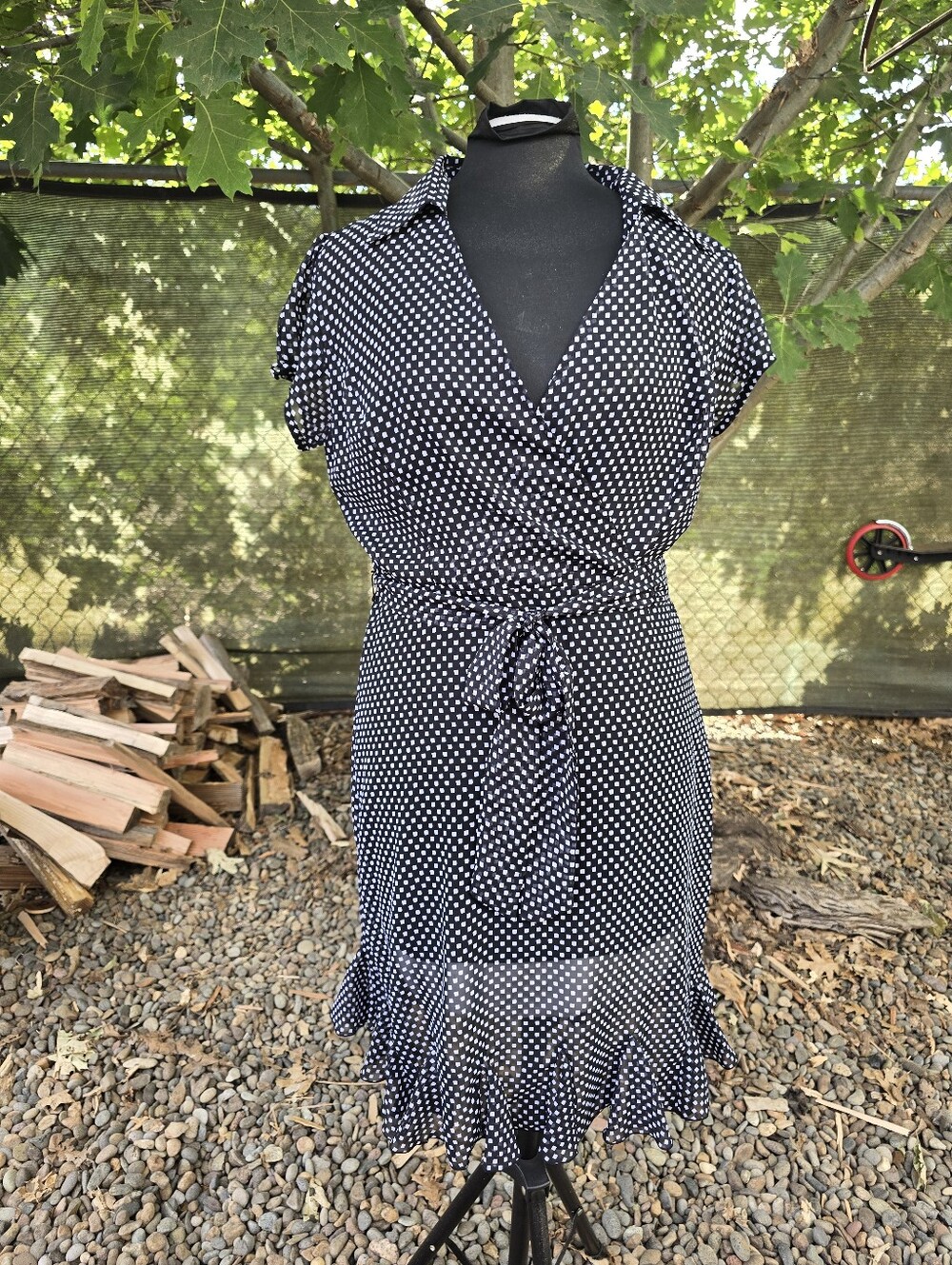 Vtg 90's Polka Dot Black White Sheer Wrap Dress Whimsigoth Neo-Noir Secretary